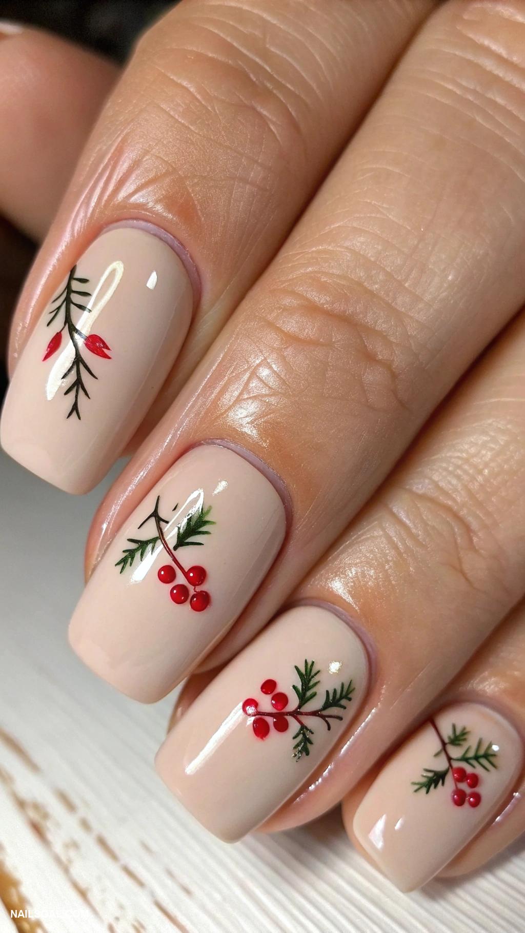 classy christmas nails Subtle nude with mini red holly accents