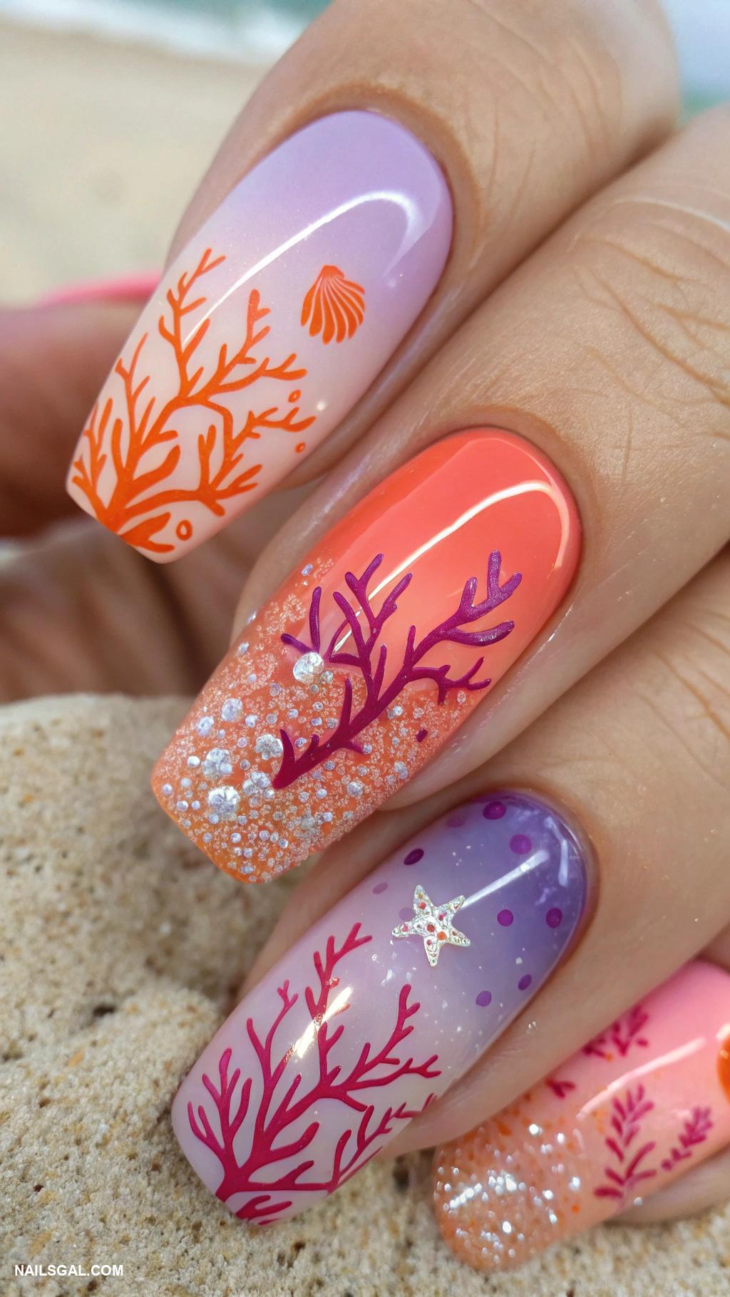 coastal nails Coral reef inspired vibrant colors