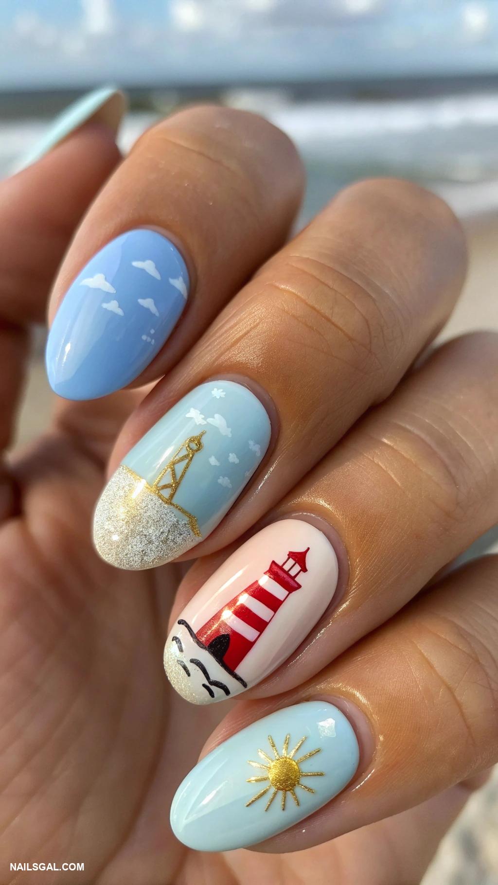 coastal nails Lighthouse with lighthouse beam effect