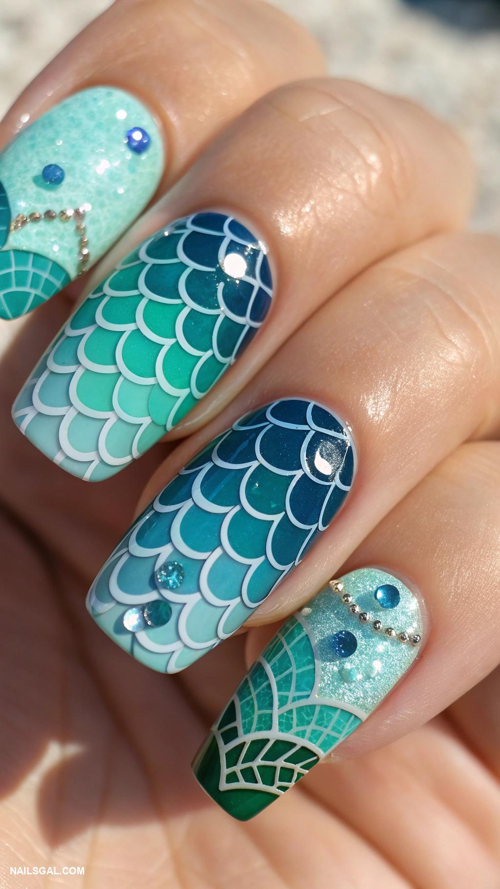 coastal nails Mosaic tile patterns in ocean hues