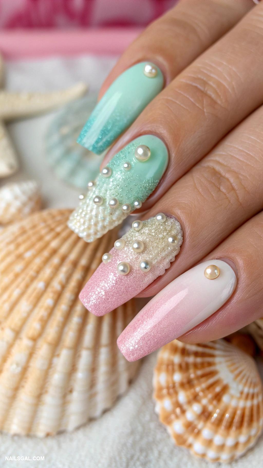 coastal nails Seashells with pastel gradient background