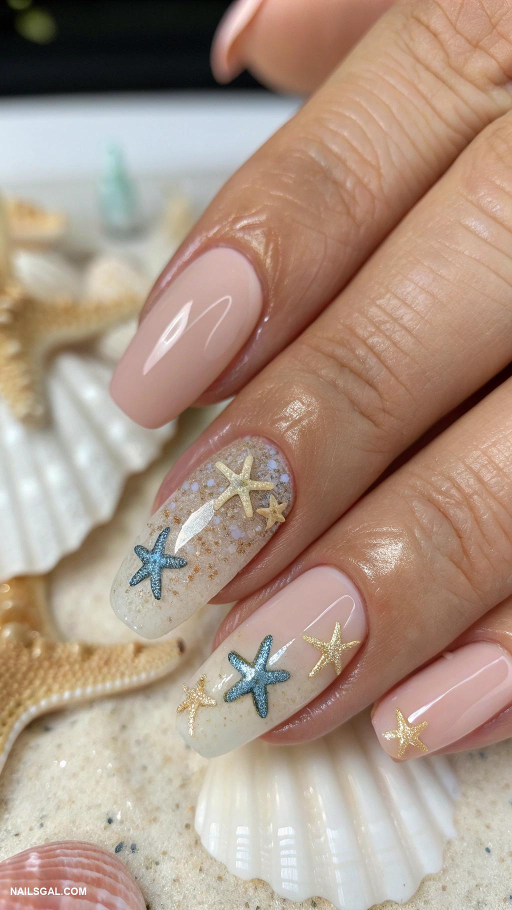 coastal nails Starfish accents on nude base