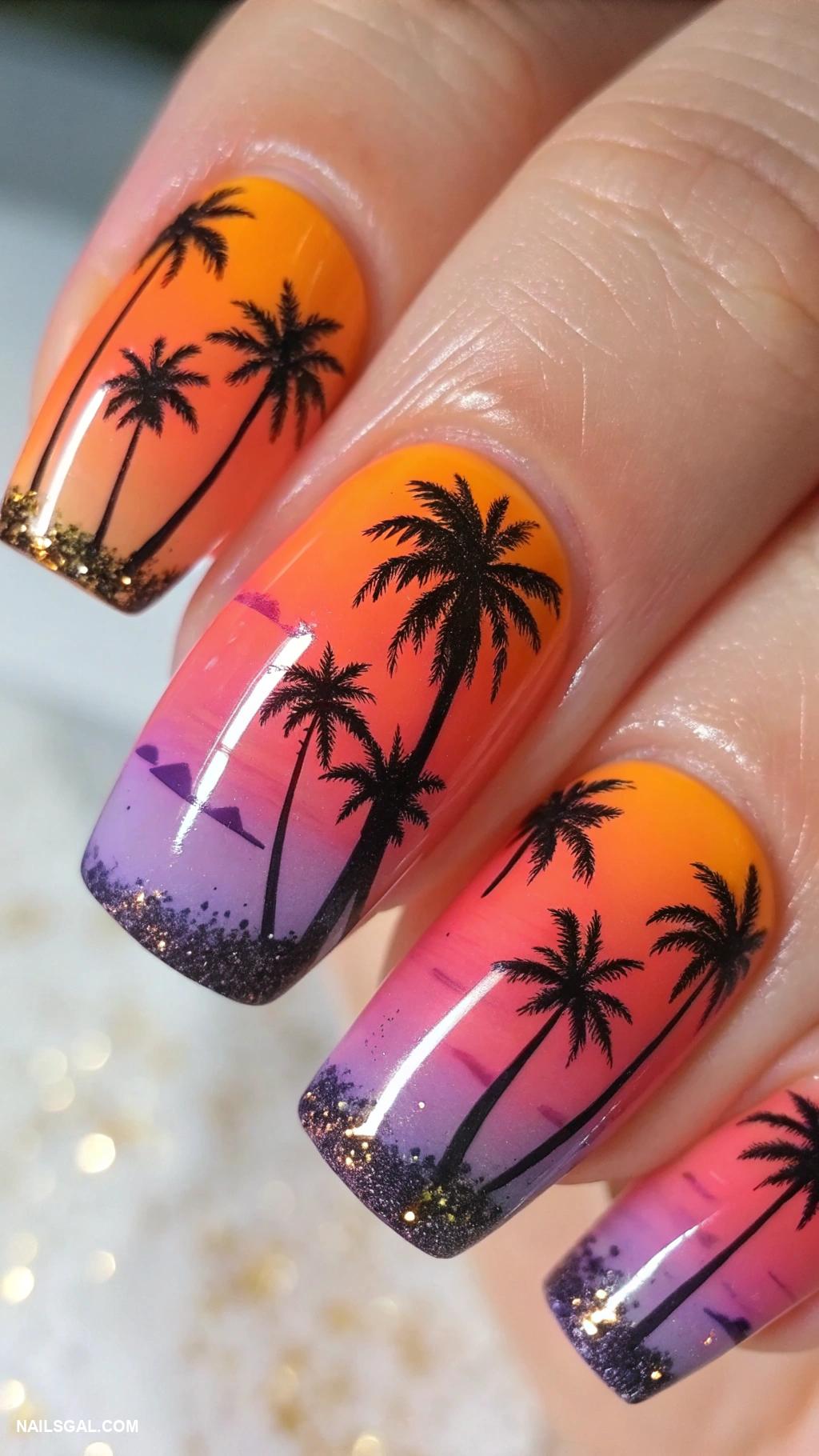coastal nails Sunset ombre with palm tree silhouettes