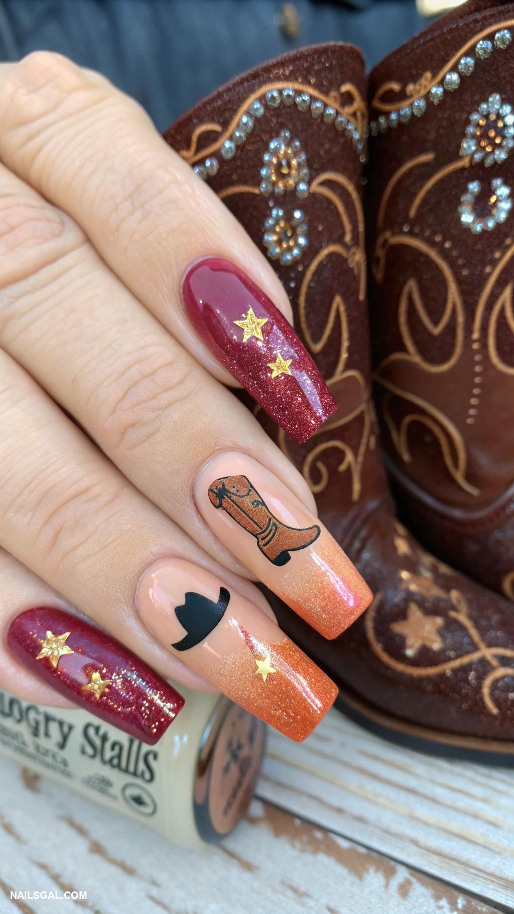 cowgirl nails Cowboy boots with glitter accents