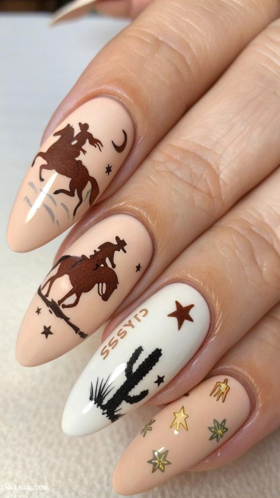 cowgirl nails Rodeo scene on neutral base