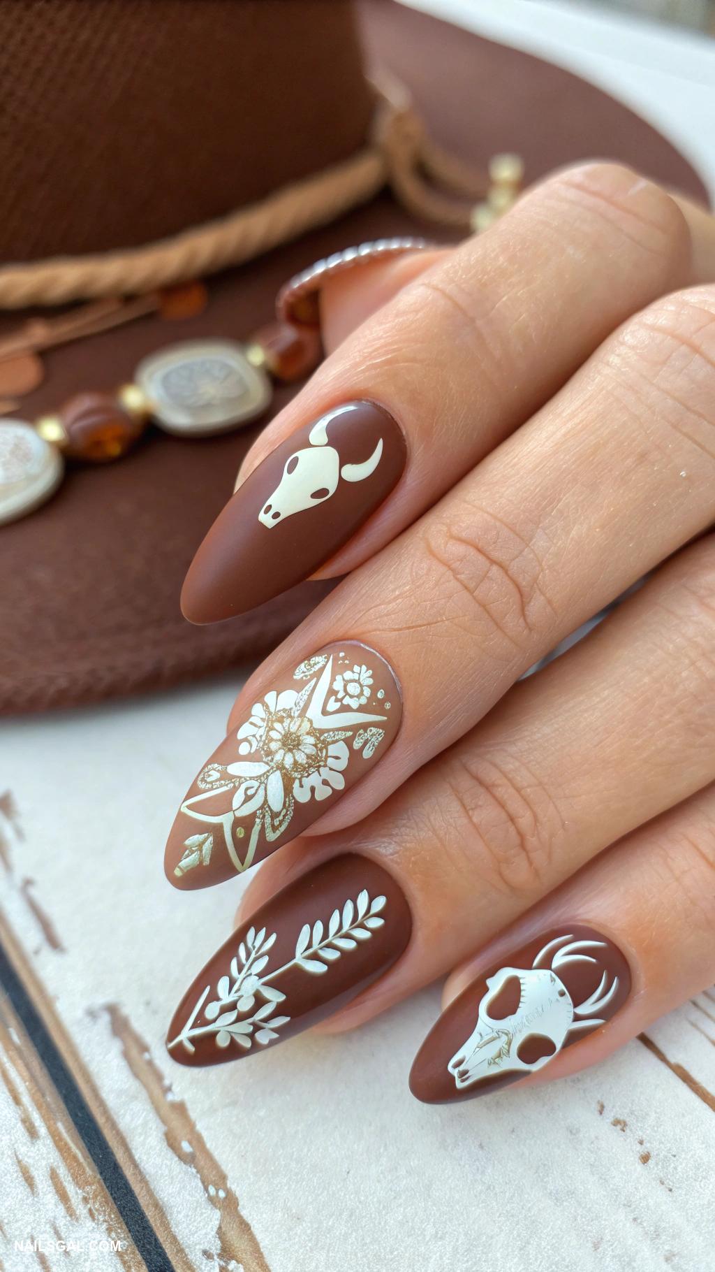 cowgirl nails Saddle brown with bone nail art