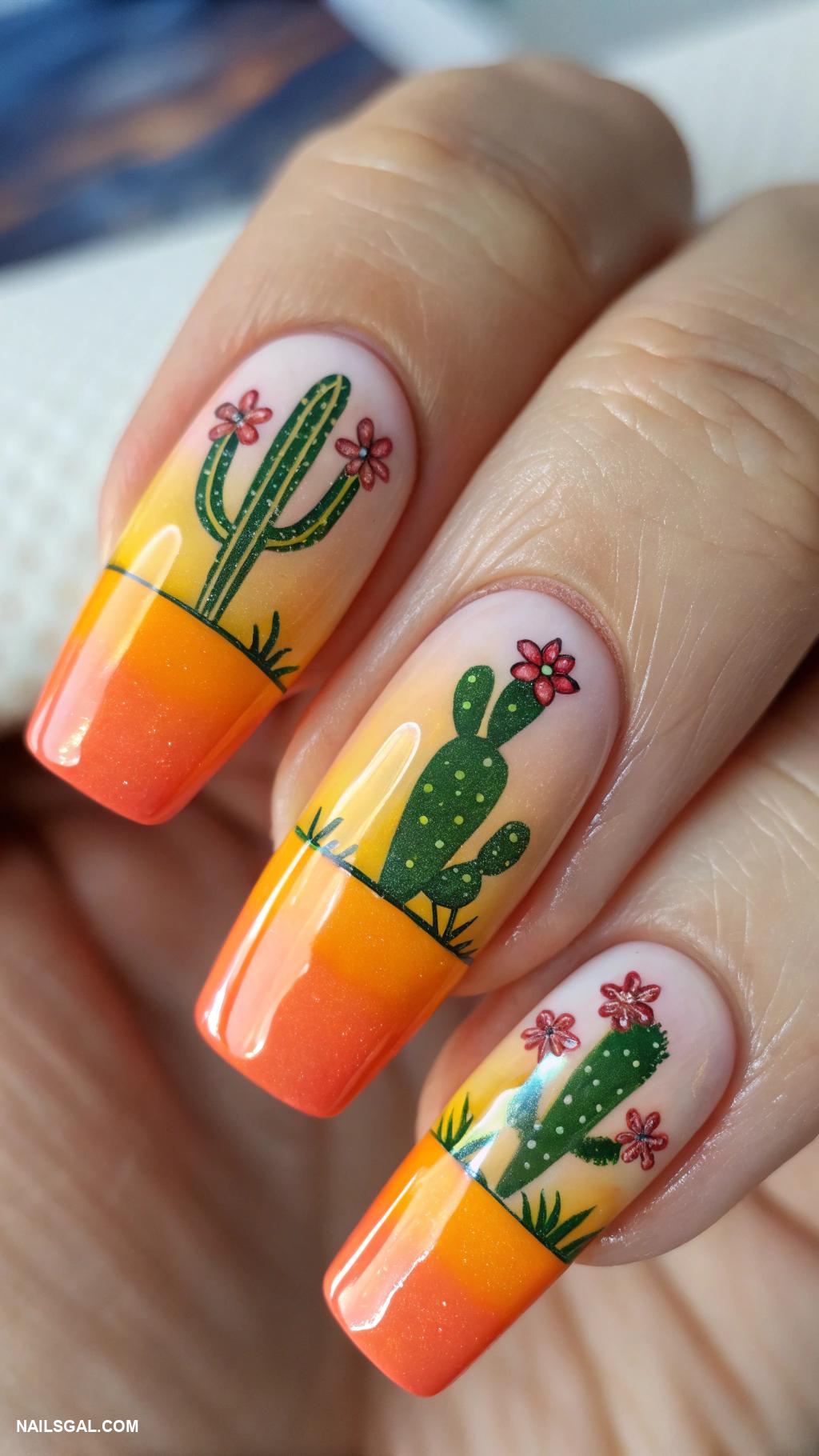 cowgirl nails Sunset ombre with cactus art