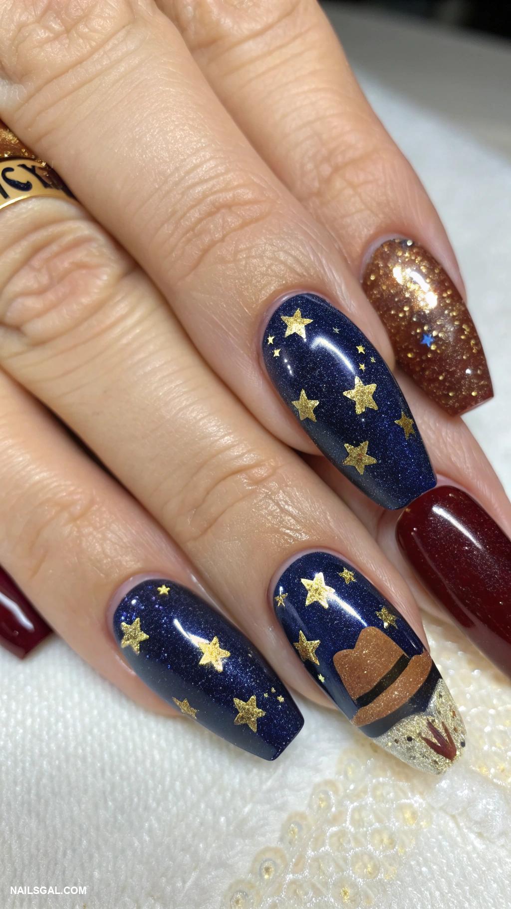 cowgirl nails Western hat and starry sky design