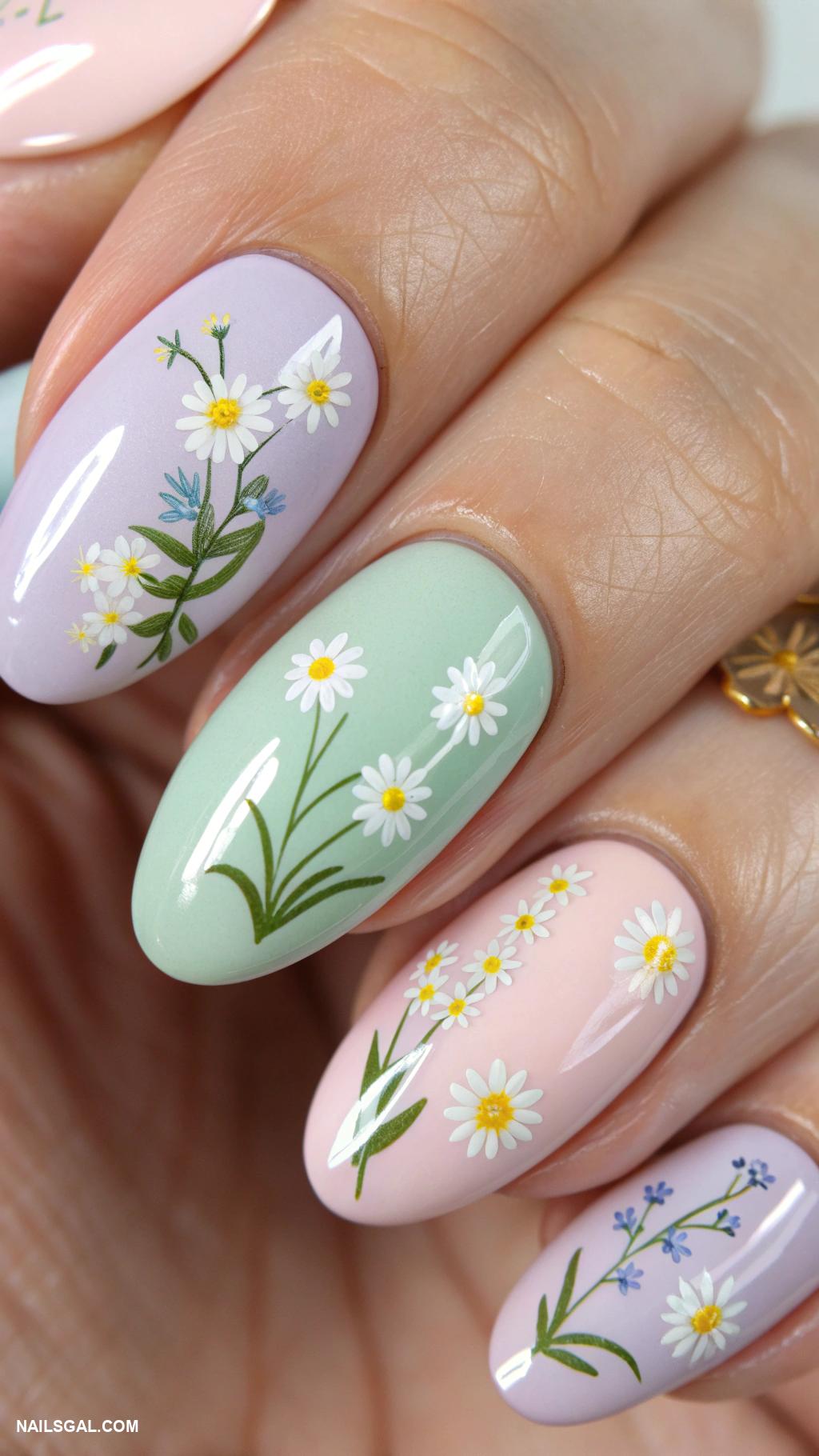 cowgirl nails Wildflower decals on pastel nails