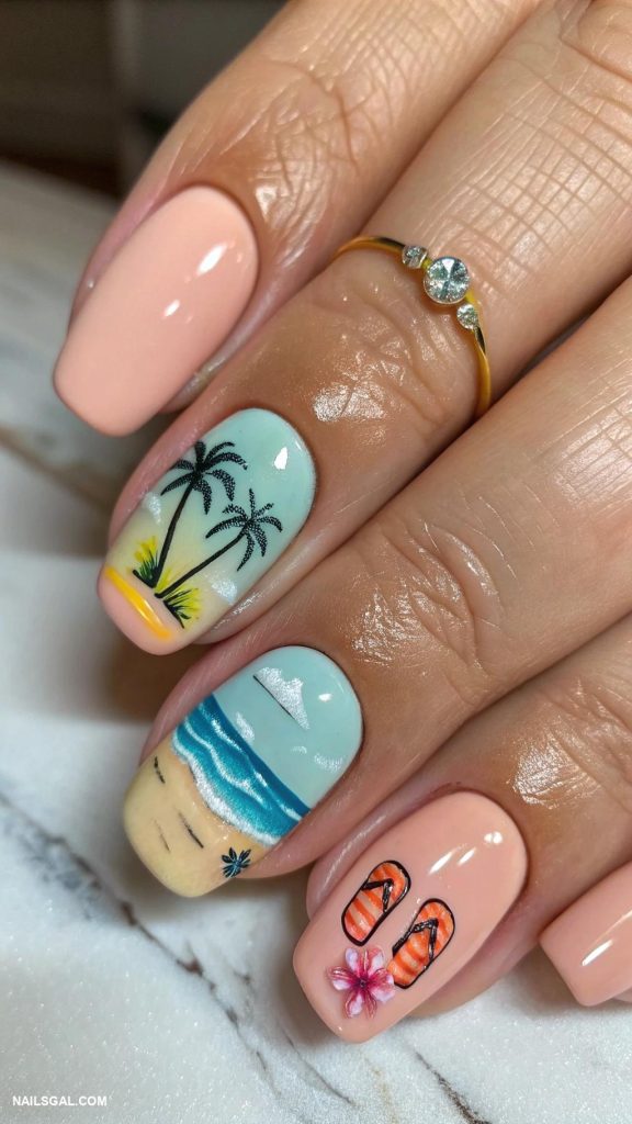 cruise nails Beach scene with tiny flip flops