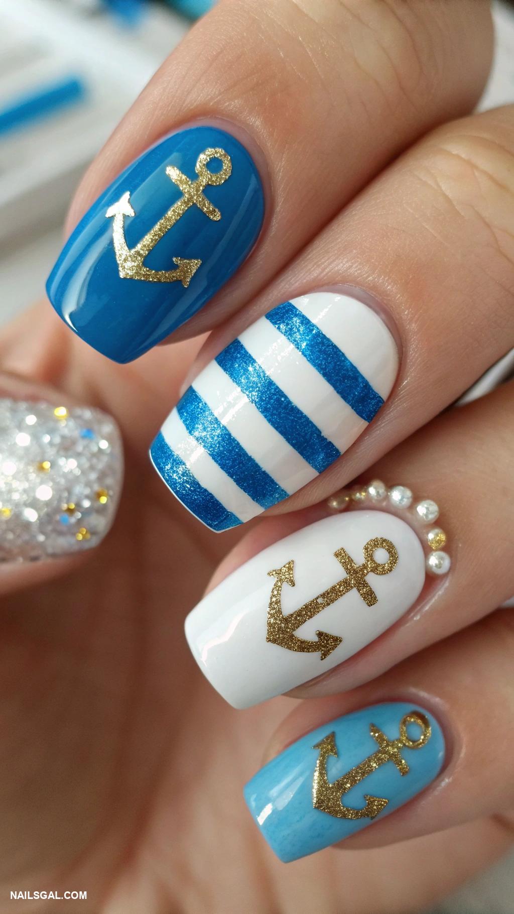 cruise nails Nautical stripes with anchors