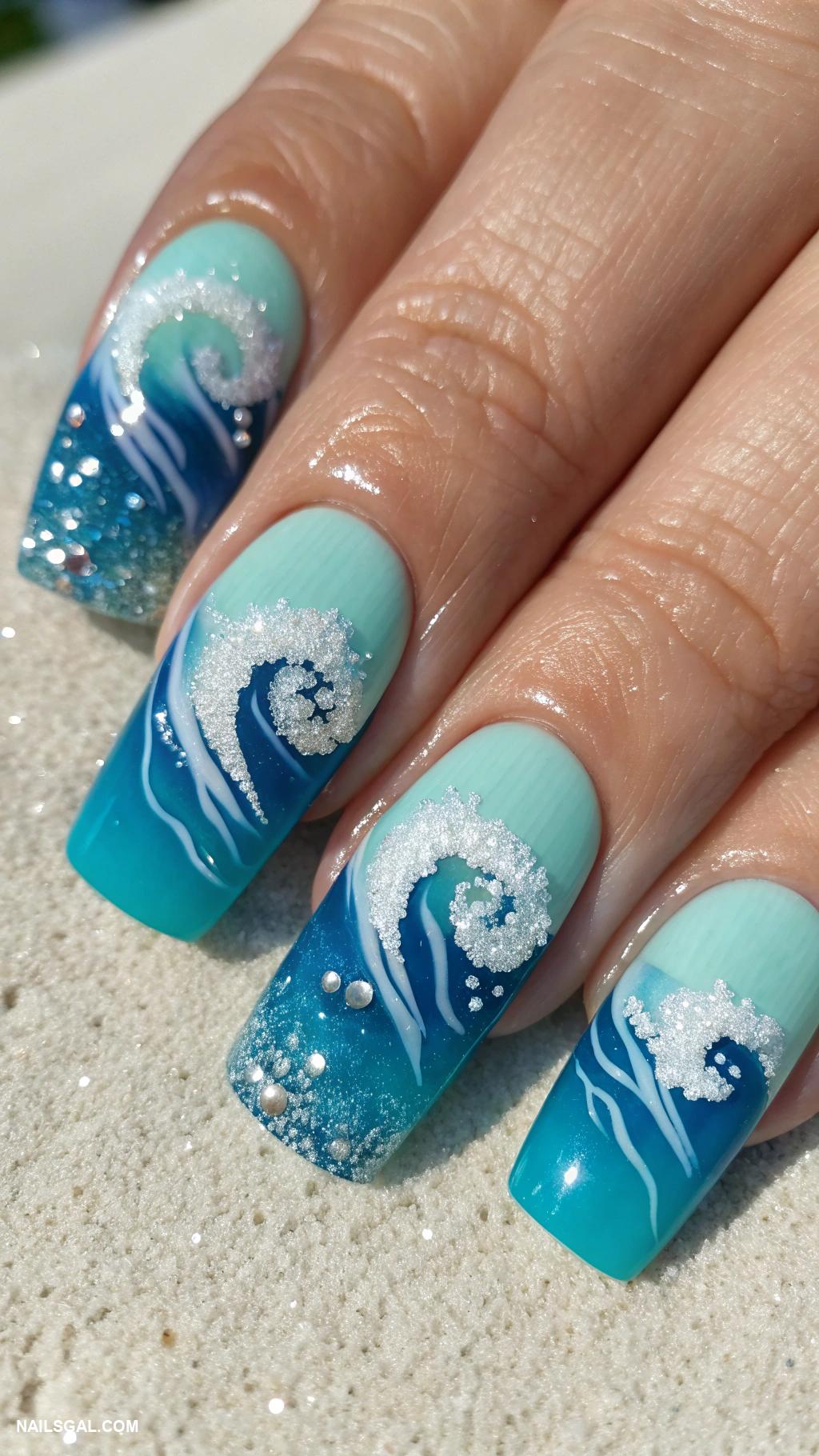 cruise nails Ocean wave gradient with sparkle