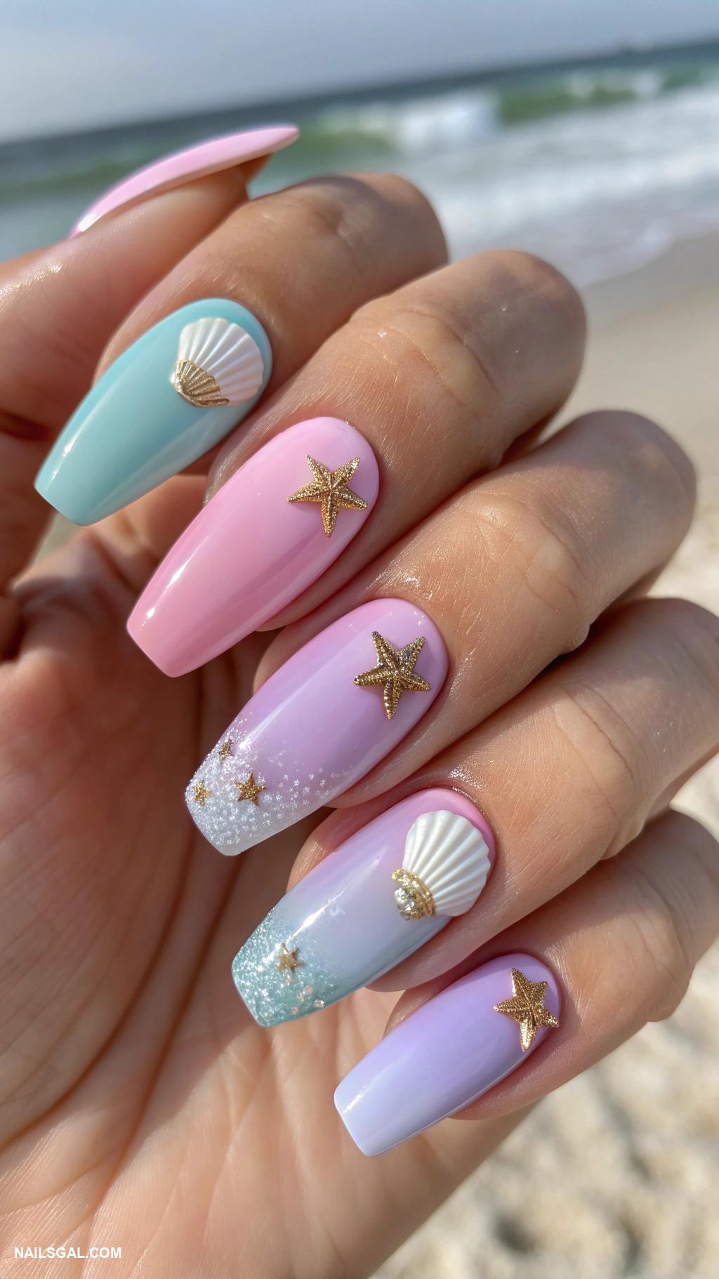 cruise nails Seashell accents on pastel colors