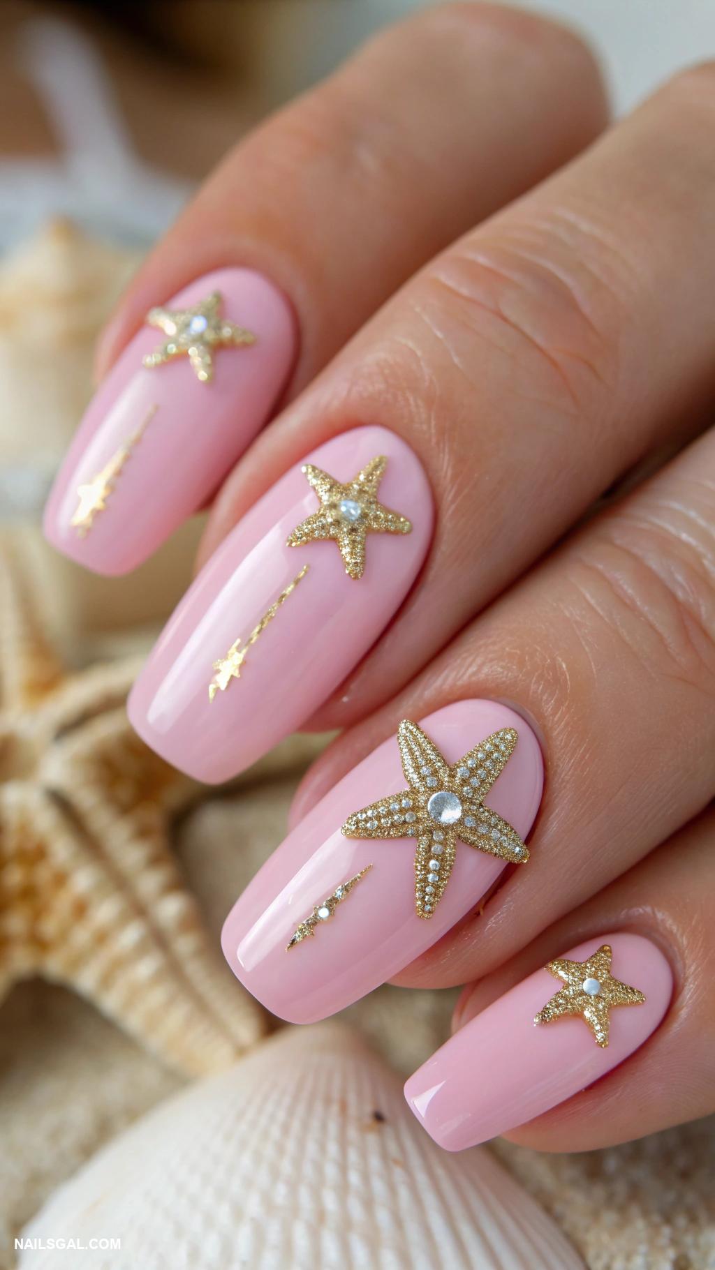 cruise nails Starfish charms on pink polish