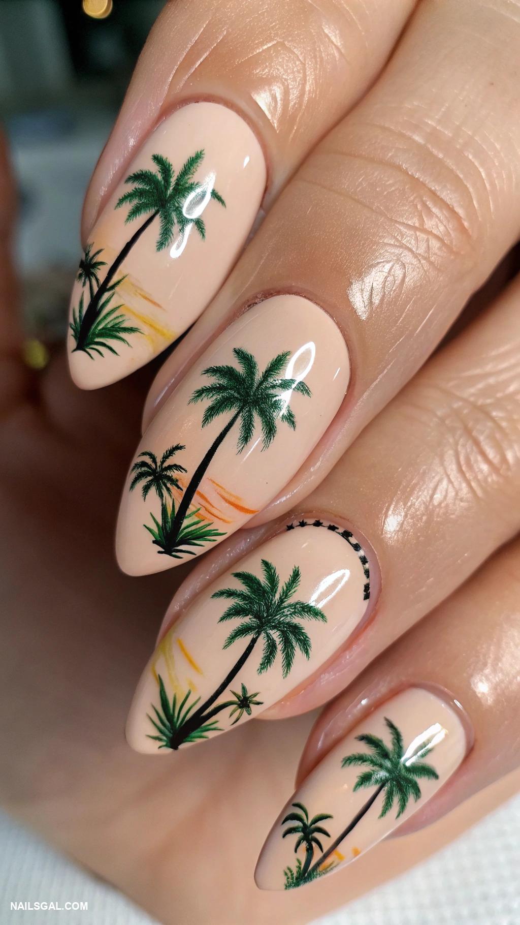 cruise nails Tropical palm trees on nude base