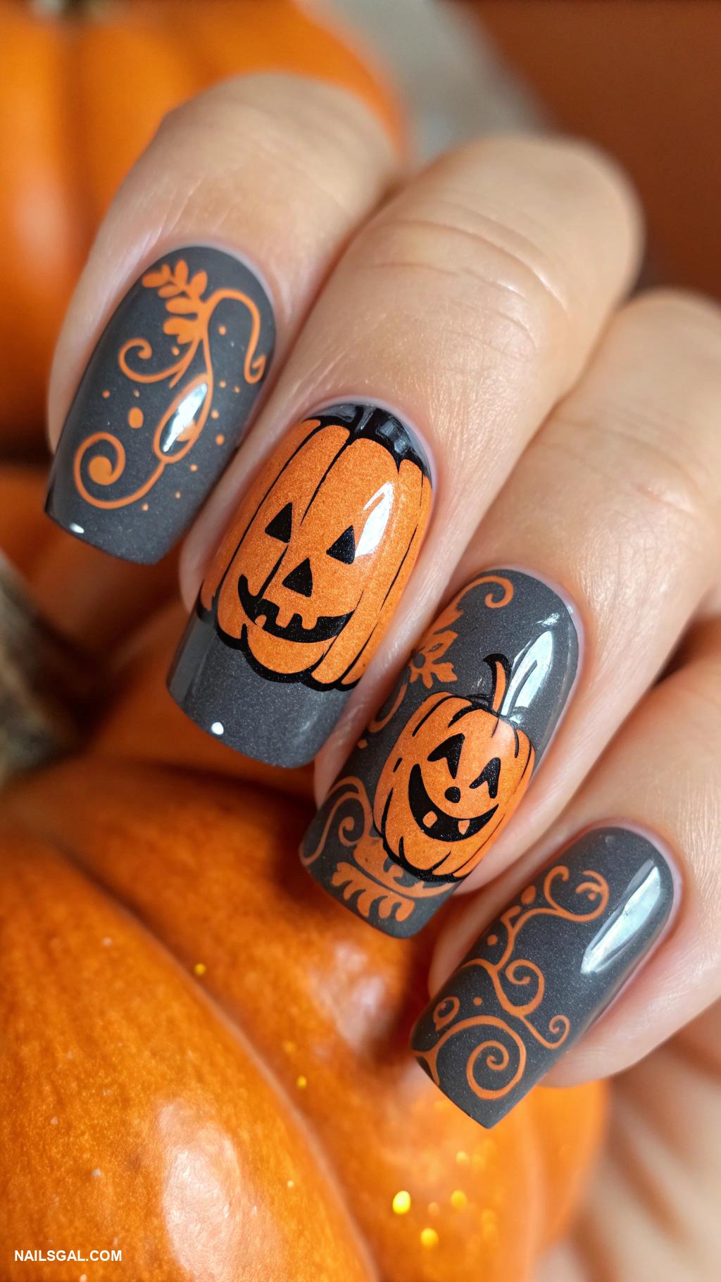dark fall nails Charcoal gray with orange pumpkin designs