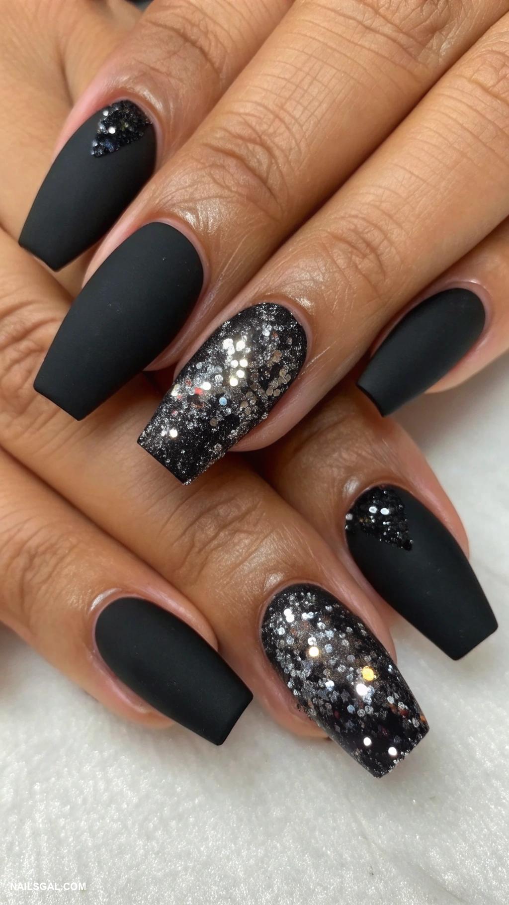dark fall nails Classic black with matte glitter overlay