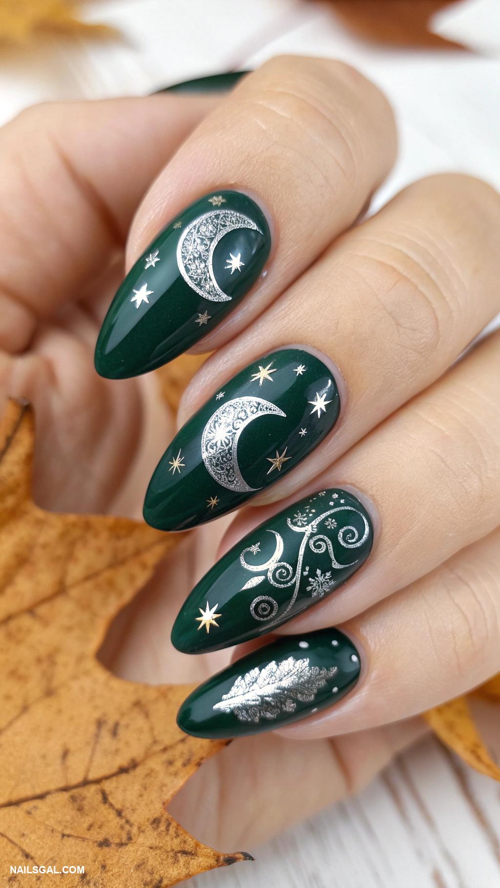 dark fall nails Dark emerald green with silver crescent moons