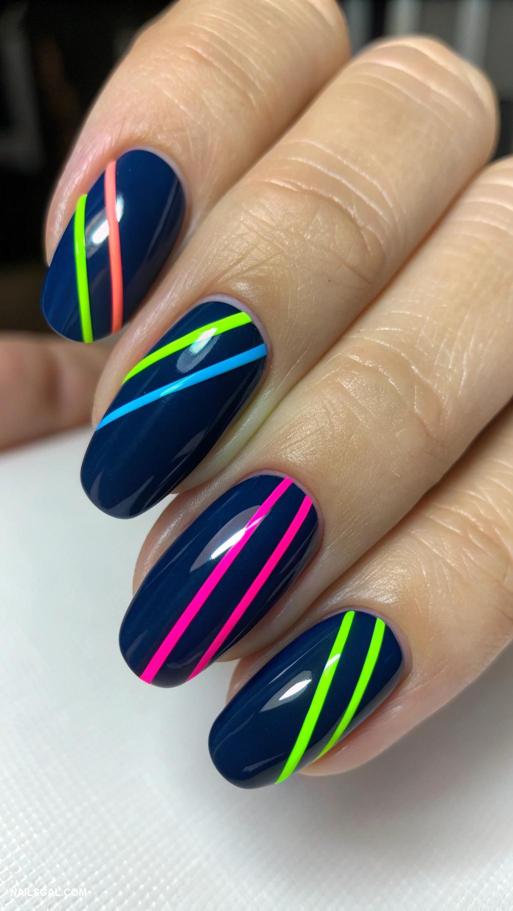 dark fall nails Dark navy with glowing neon stripes