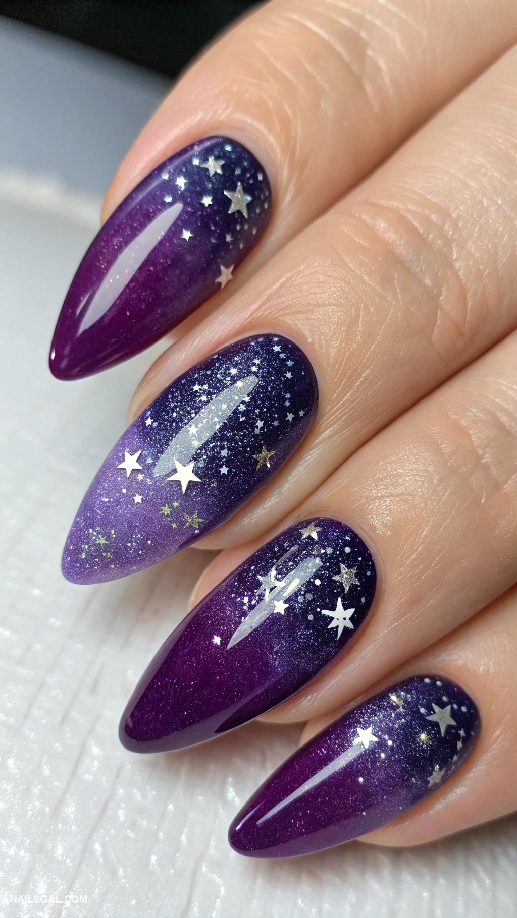dark fall nails Deep purple with shimmering galaxy effect