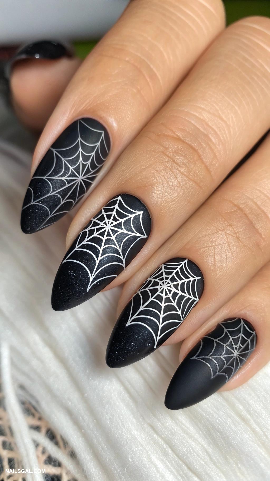 dark fall nails Matte black with glossy spiderweb accents