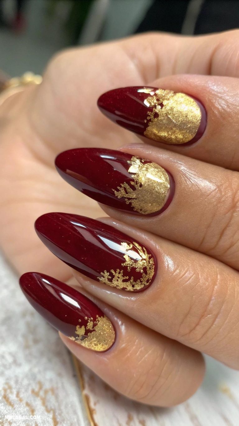 dark fall nails Oxblood red with gold foiled tips