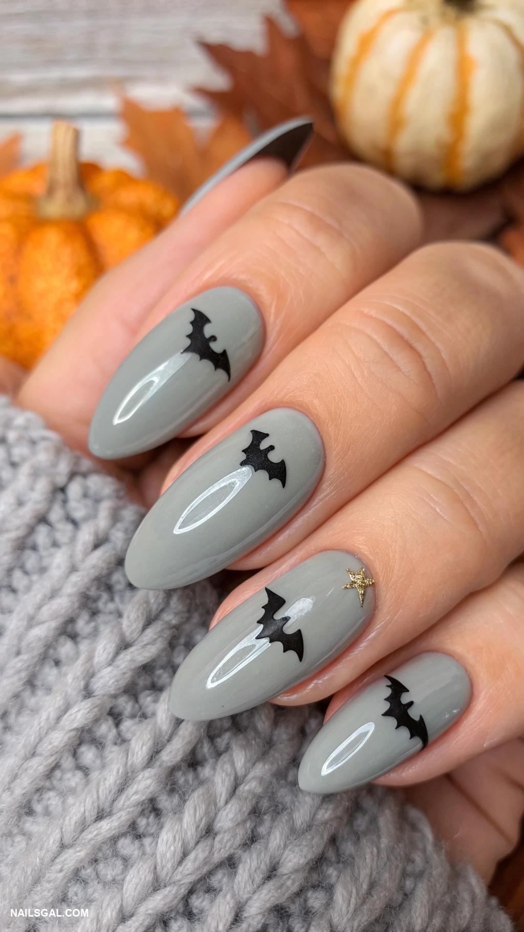 dark fall nails Smoke gray with tiny bat embellishments