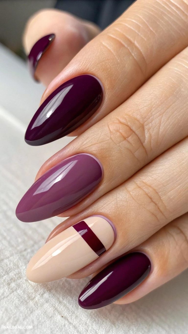dark plum nails Dark plum and nude color block nails