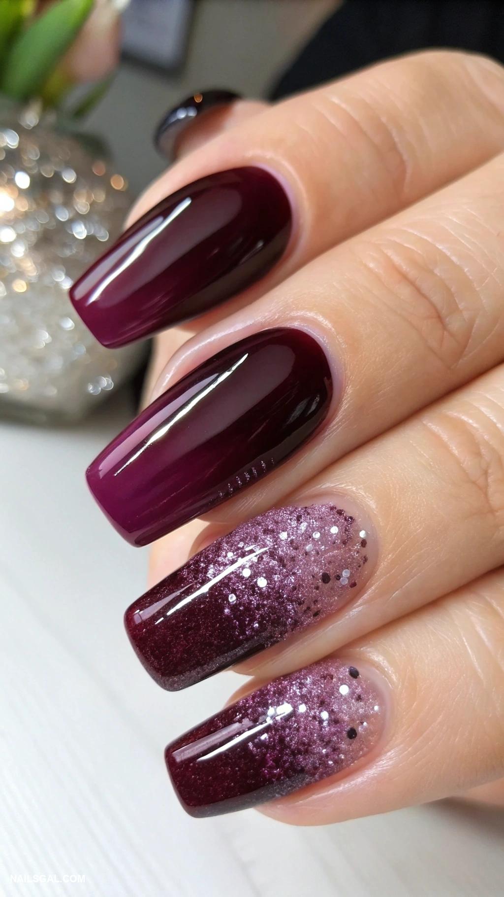 dark plum nails Dark plum ombre with glitter tips