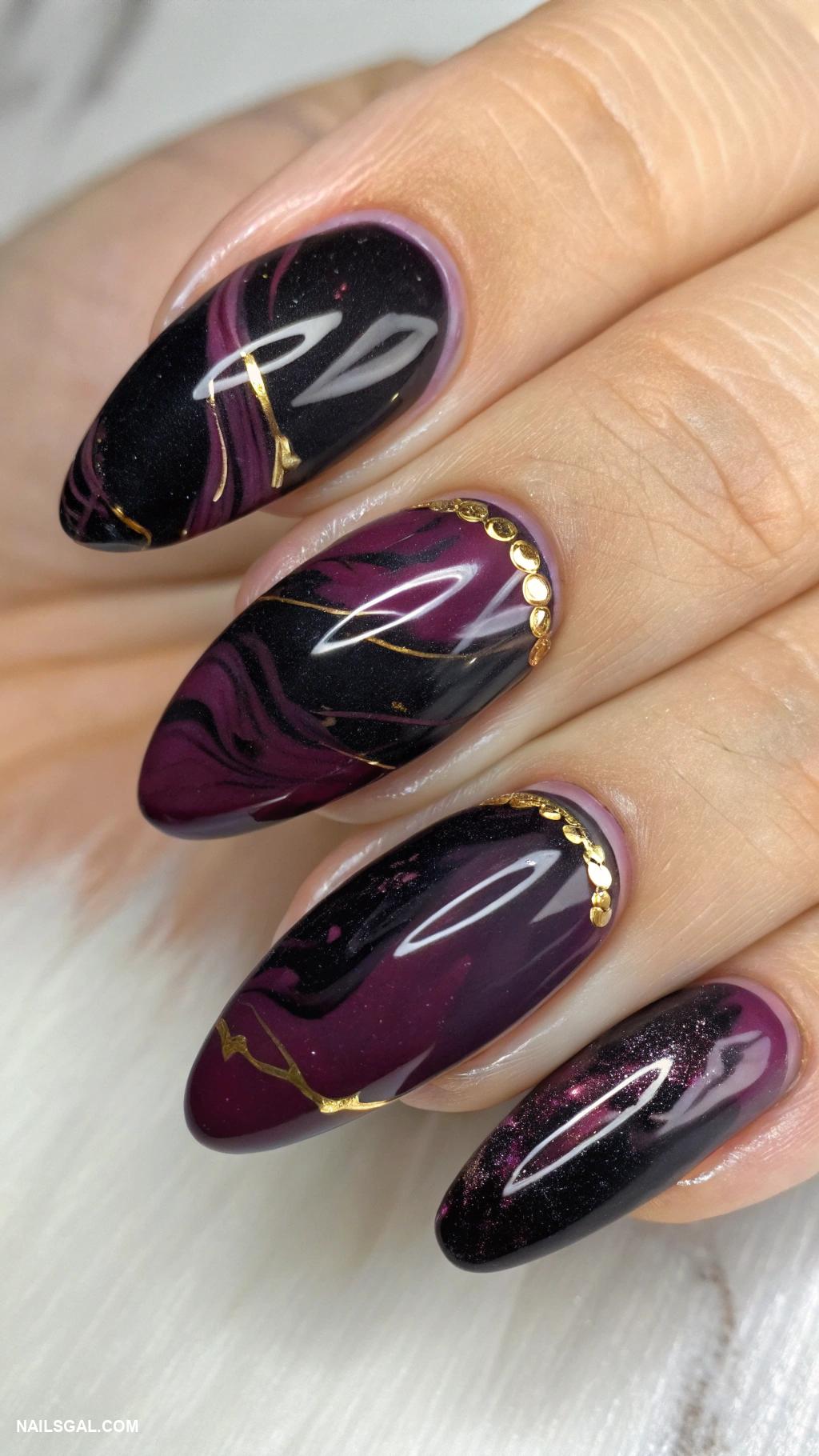 dark plum nails Marble effect using dark plum and black