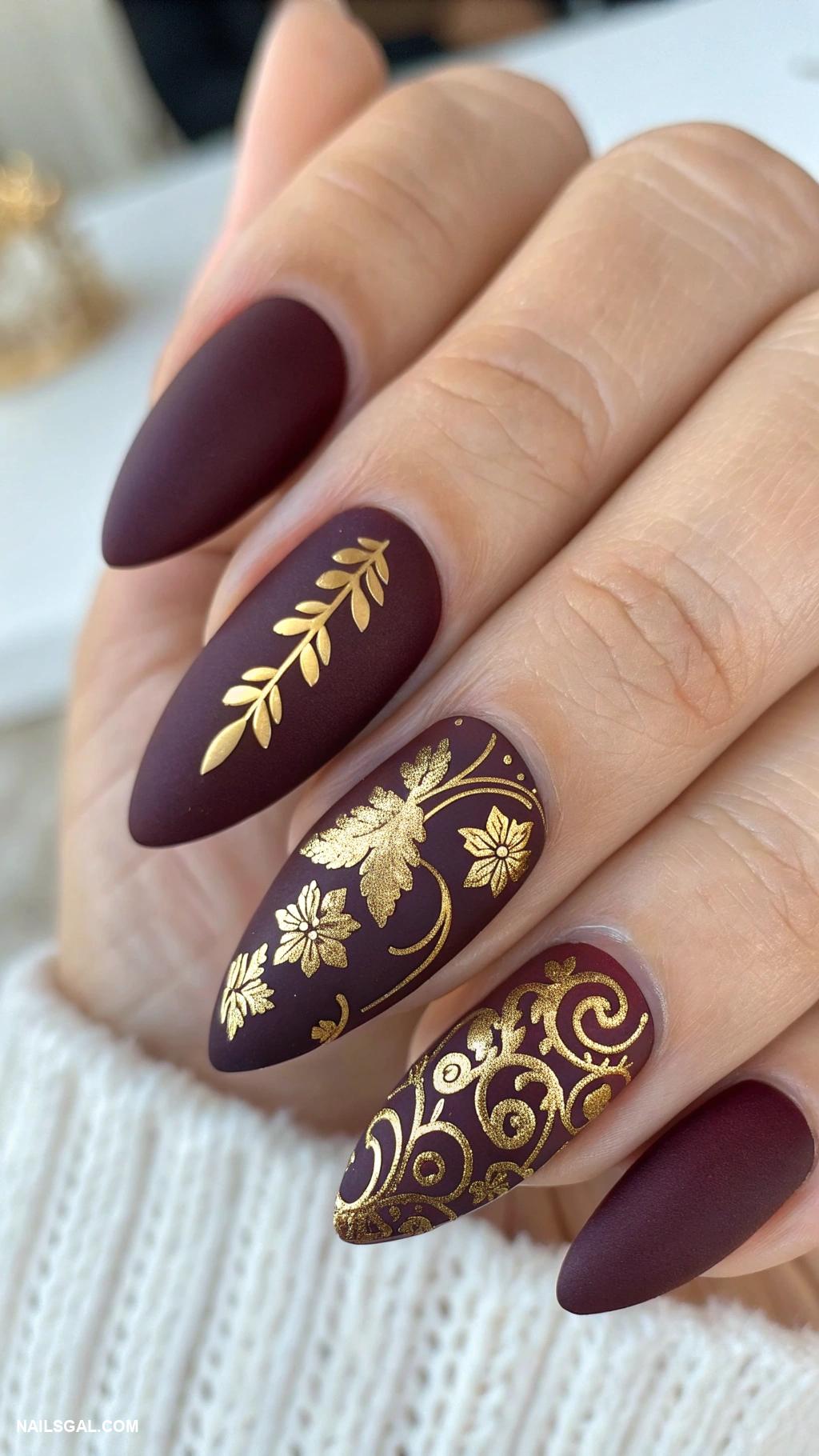 dark plum nails Matte dark plum with gold foil accents