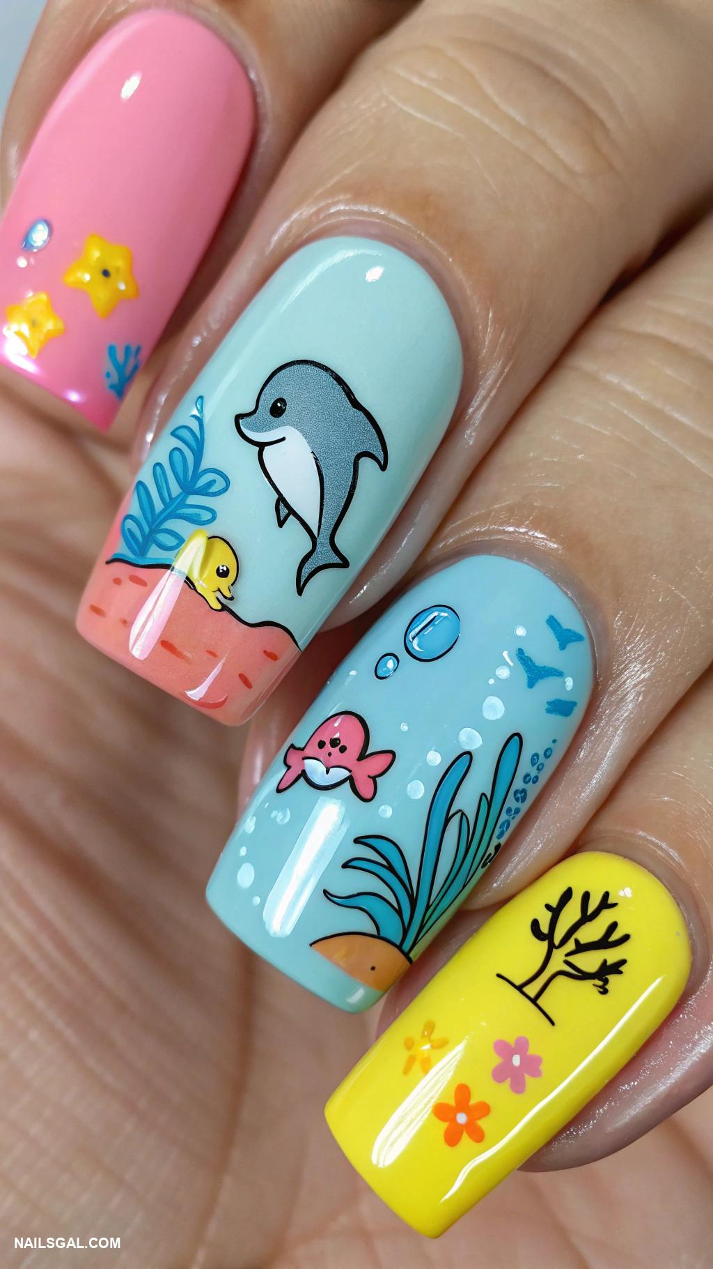 dolphin nails Bright colors with dolphin cartoon designs