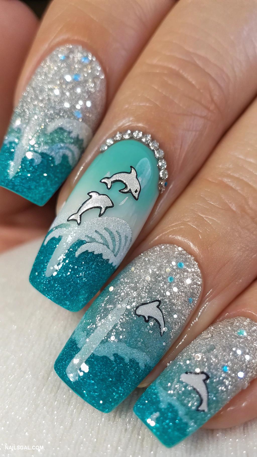 dolphin nails Glittery sea waves with dolphin accents