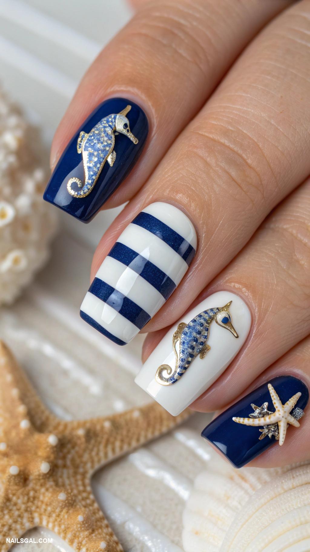 dolphin nails Nautical stripes featuring dolphin charms