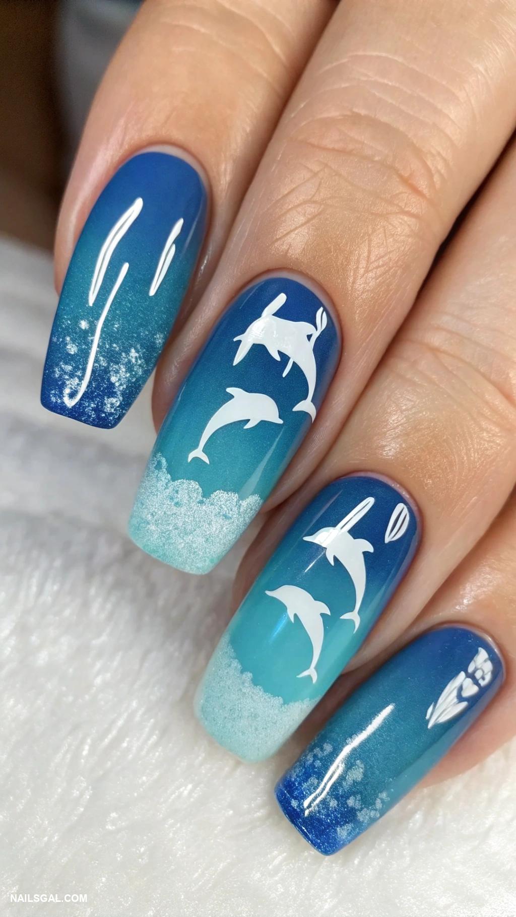 dolphin nails Ombre blue with dolphin silhouette