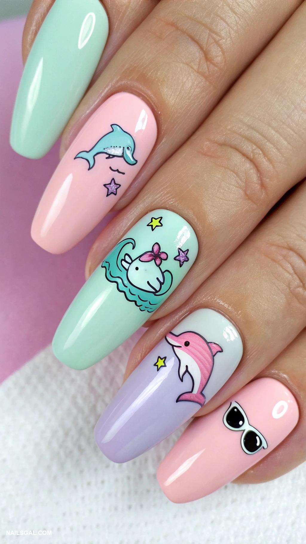 dolphin nails Pastel colors with playful dolphin art