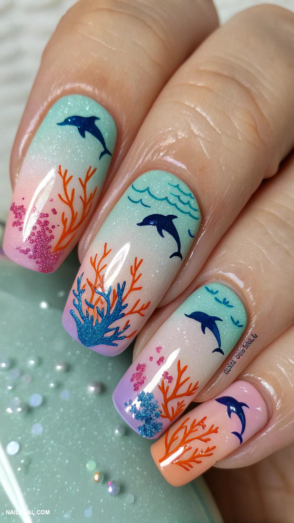 dolphin nails Underwater scene with dolphins and corals