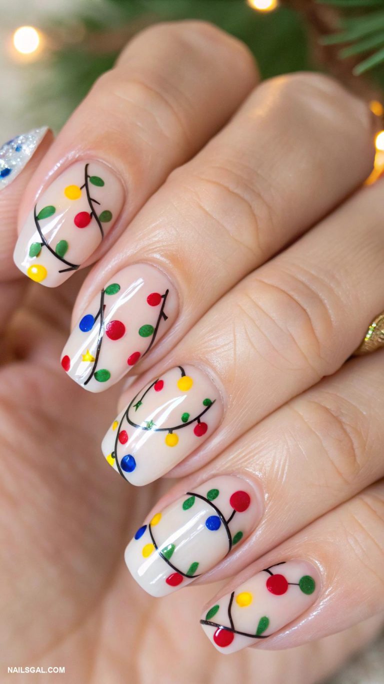 easy christmas nails Christmas lights in colorful dots
