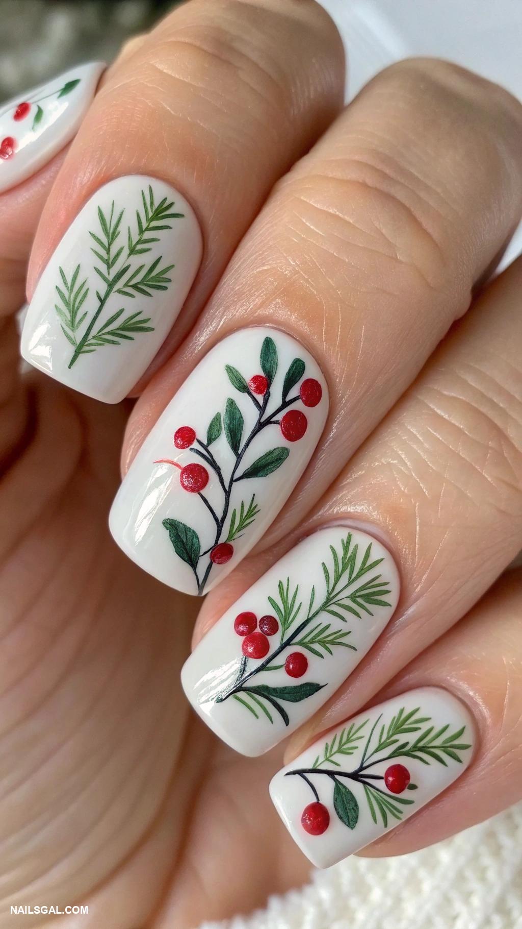 easy christmas nails Delicate mistletoe leaves and berries