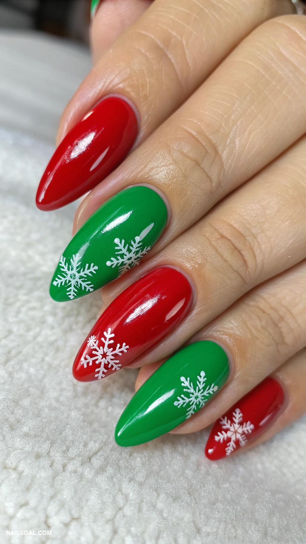 easy christmas nails Red nails with green tips