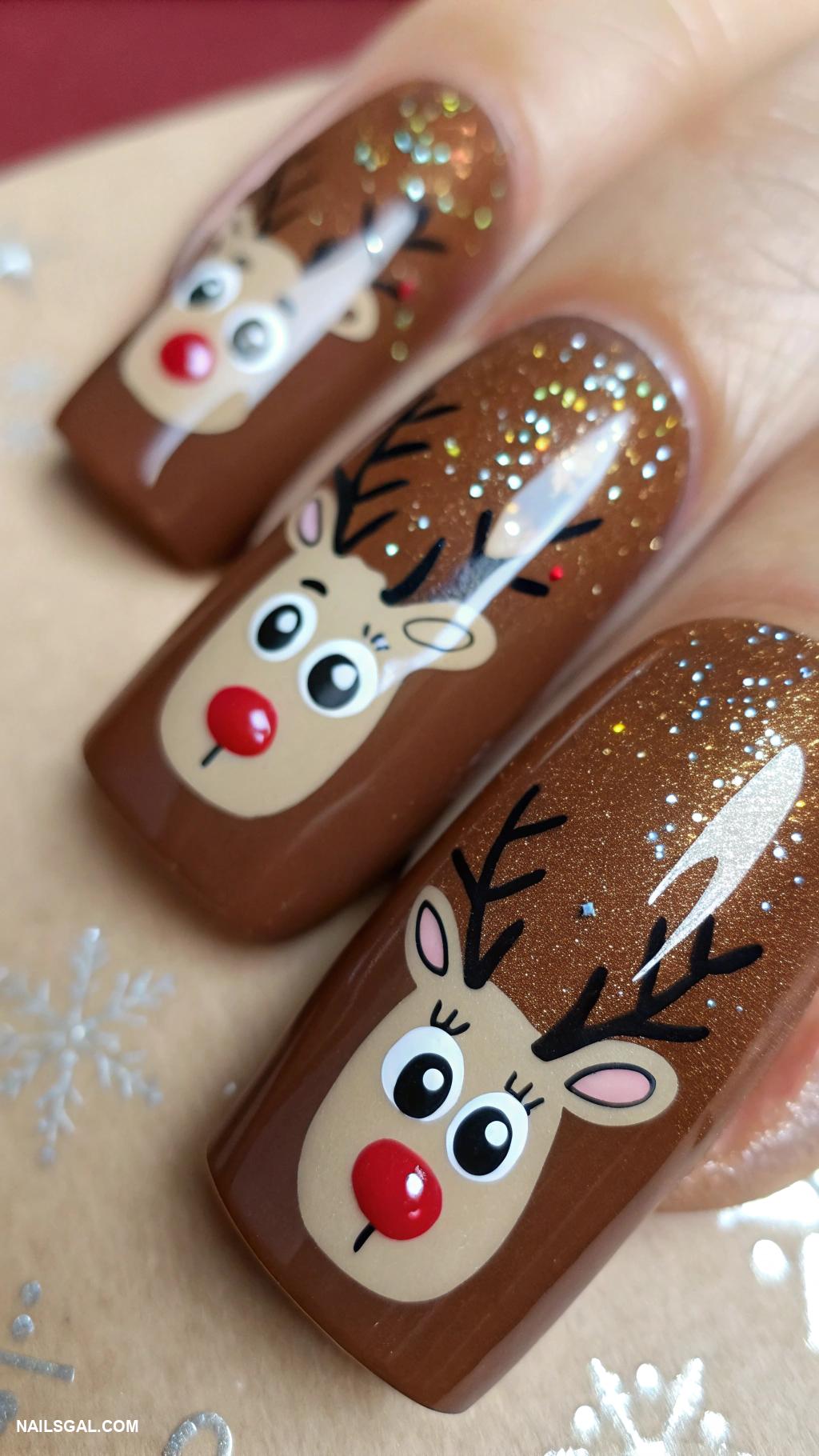 easy christmas nails Reindeer faces on a brown base