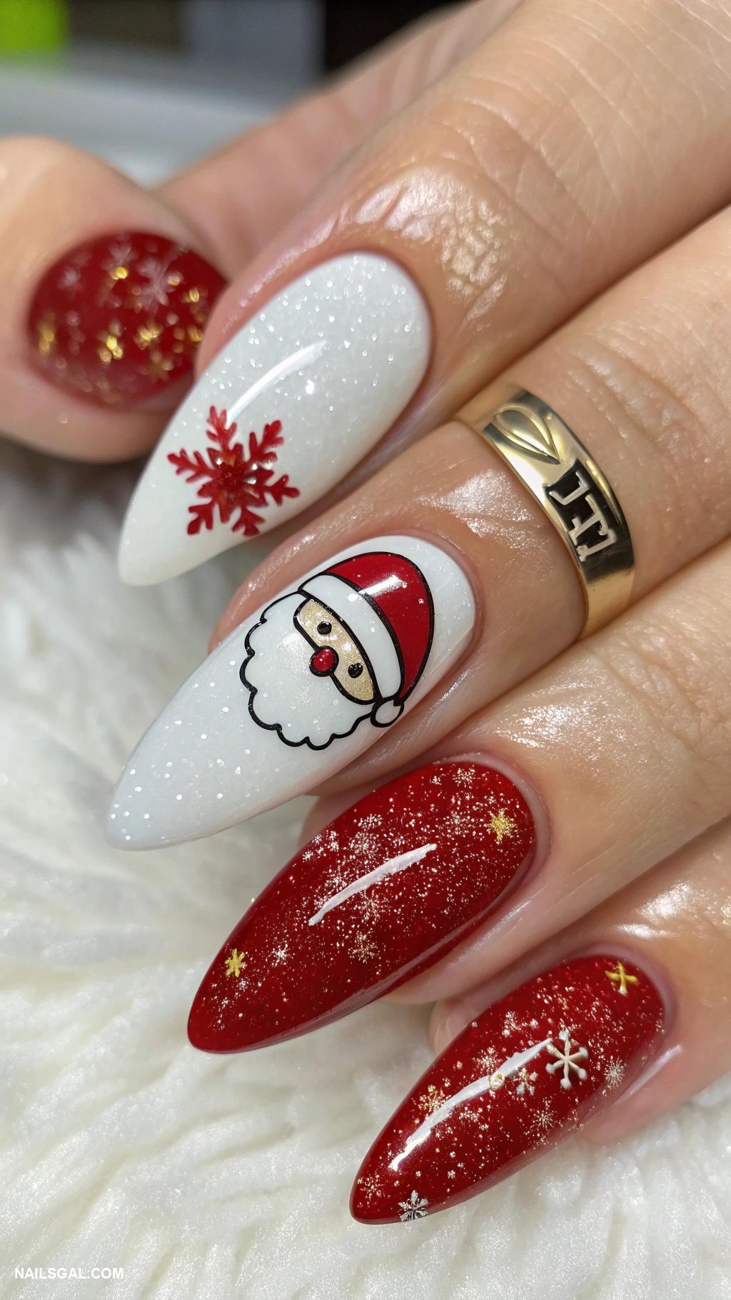 easy christmas nails Santa hat design on accent nails