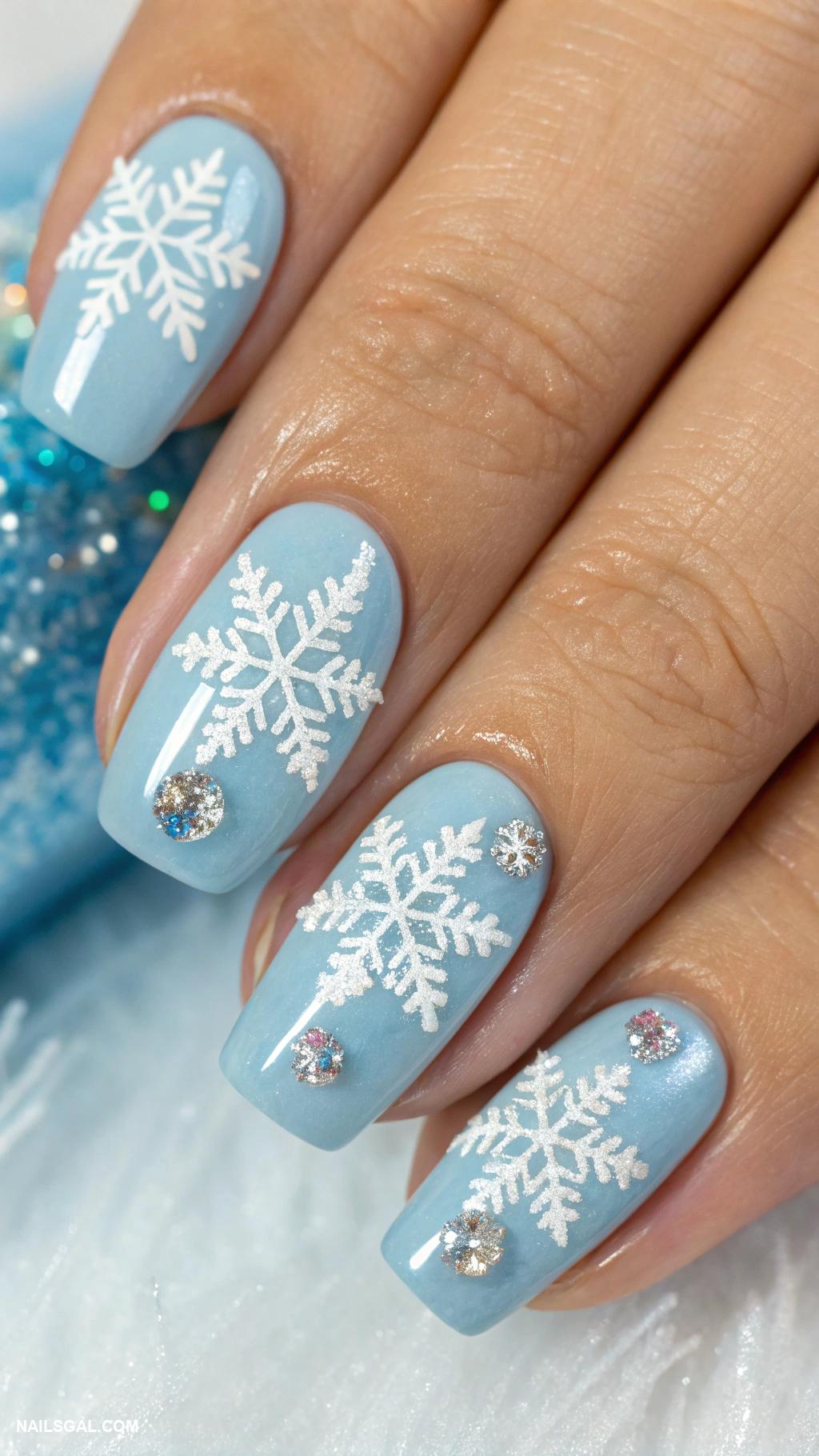 easy christmas nails Sparkling snowflakes on a blue background