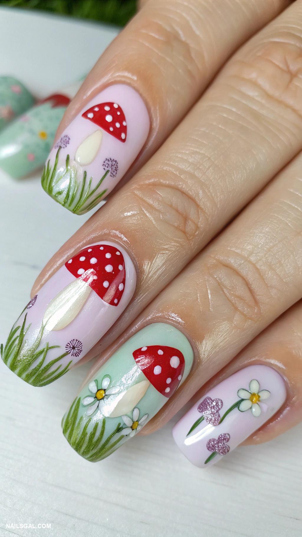 fairy nails Charming toadstools on pastel backgrounds