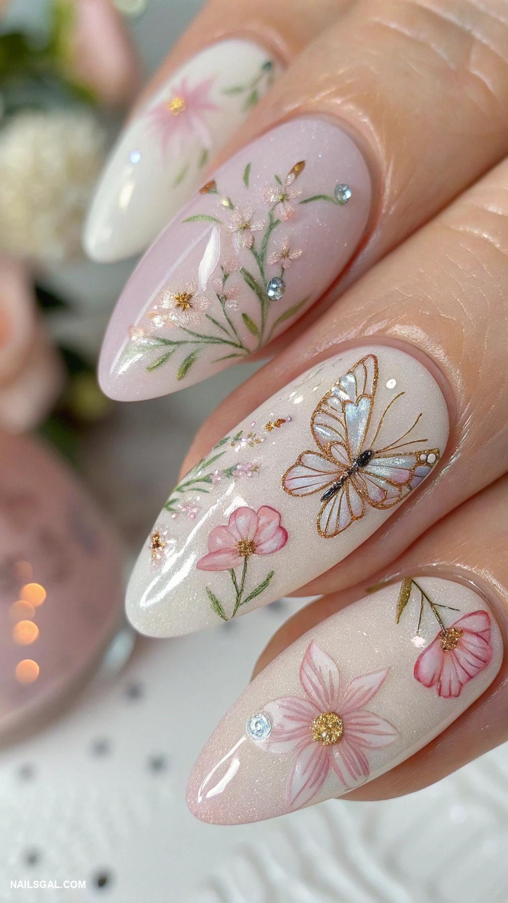 fairy nails Delicate floral patterns with tiny wings