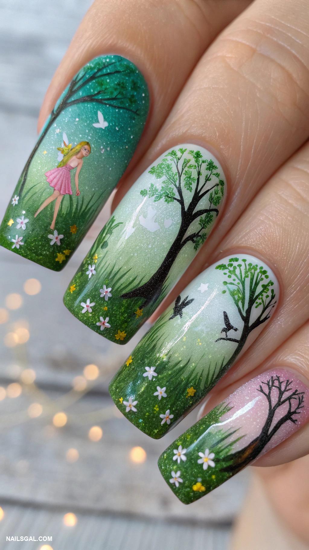 fairy nails Enchanting forest scene with tiny fairies