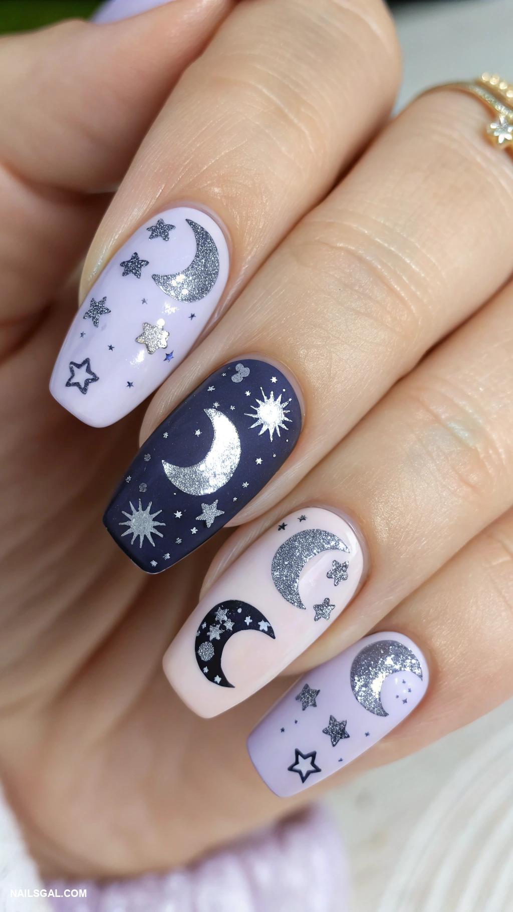 fairy nails Moon phases with sparkling stars