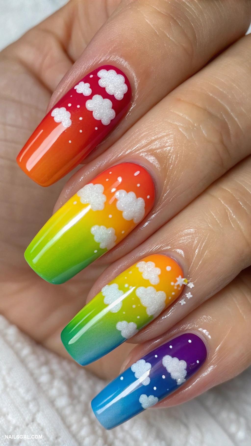 fairy nails Rainbow gradient with cloud accents