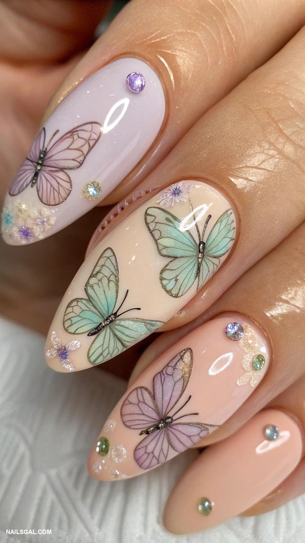 fairy nails Whimsical butterflies on a nude base