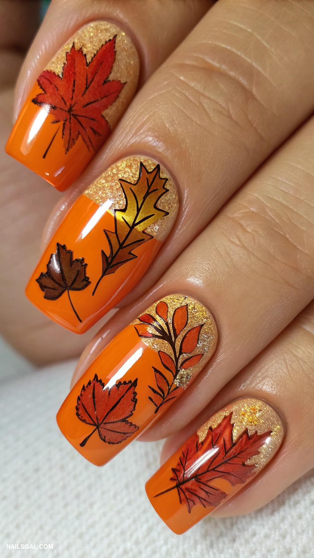 fall orange nails Autumn leaves with orange base